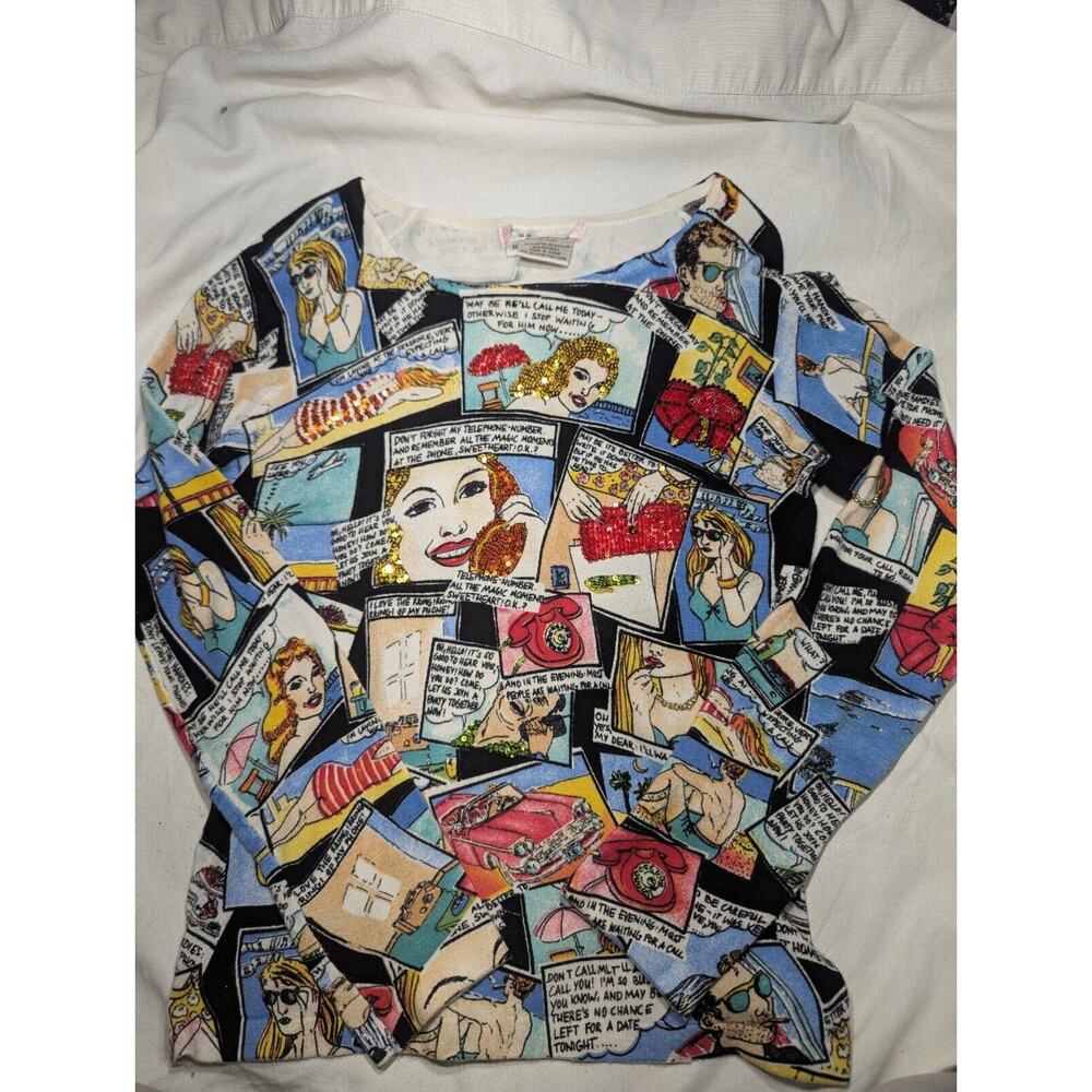 Vintage LouLou Comic Sweater‎ Women's Size Medium Beading And Sequin